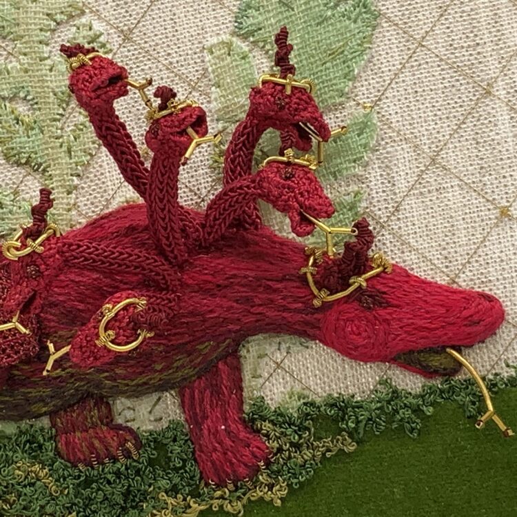 Katherine Diuguid, The Red Dragon Lurks in Front of the Woman Clothed with the Sun (detail), 2021. Approximate size 20.3cm x 25.4cm (8” x 10”). Hand and metal embroidery, eco-print, appliqué. Silk and cotton velvets, metallic linen, eco-printed silks, silk, cotton, embroidery threads, gilt metal embroidery threads and wires.