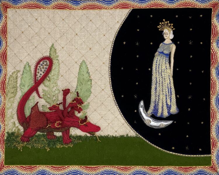 Katherine Diuguid, The Red Dragon Lurks in Front of the Woman Clothed with the Sun, 2021. Approximate size 20.3cm x 25.4cm (8” x 10”). Hand and metal embroidery, eco-print, appliqué. Silk and cotton velvets, metallic linen, eco-printed silks, silk, cotton, embroidery threads, gilt metal embroidery threads and wires.