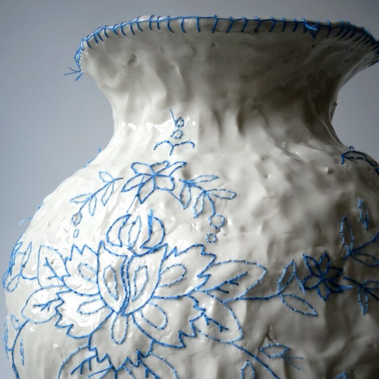 Caroline Harrius, Embroidered Vase, 2022. 40cm tall (15½“). Coiled stoneware, embroidered with cotton thread. Stoneware, cotton thread.
