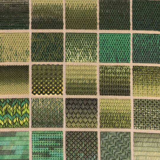Katherine Diuguid, Green Sampler, 2016. Approximate size 20cm x 20cm (8” x 8”). Canvaswork. Cotton, wool, silk and rayon threads on mono canvas.