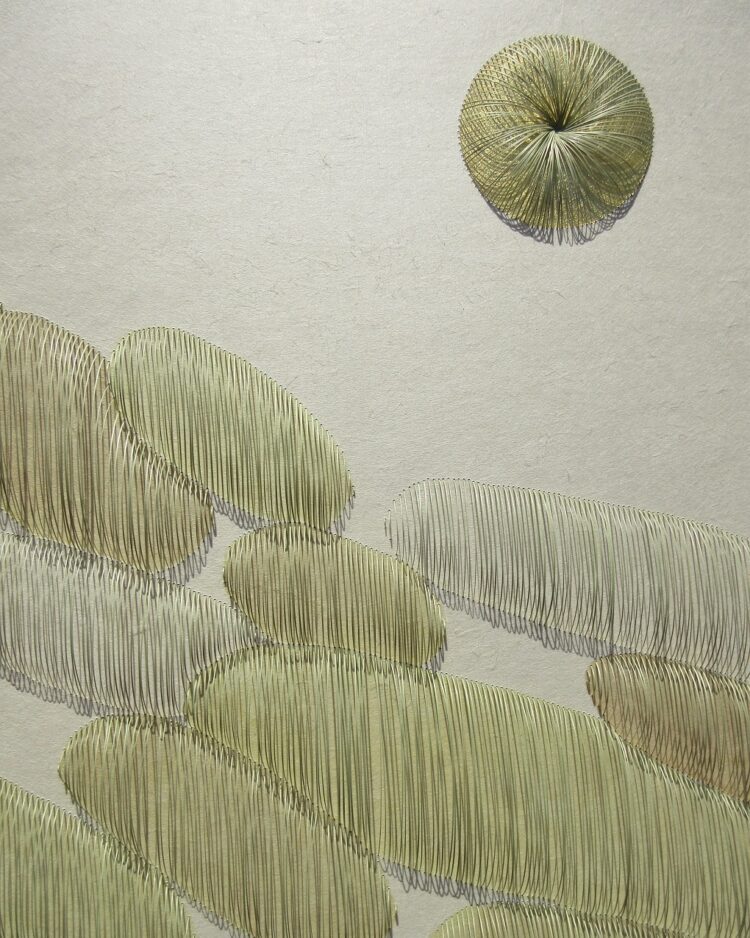 Kazuhito Takadoi, Asazora (Morning Sky) (detail). 76cm x 110cm (30" x 43"). Weaving, stitching, tying. Washi, grass, vegetable dyes, gold leaf. Photo: Kazuhito Takadoi/jaggedart.