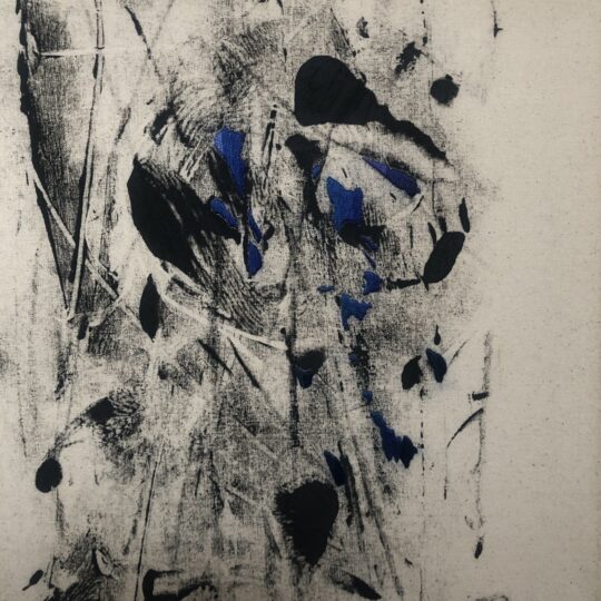 Elizabeth Griffiths, Blue, 2021. 25cm x 25cm (10” x 10”). Lino-print, embroidery. Fabric, Caligo Safe Wash inks, embroidery thread.