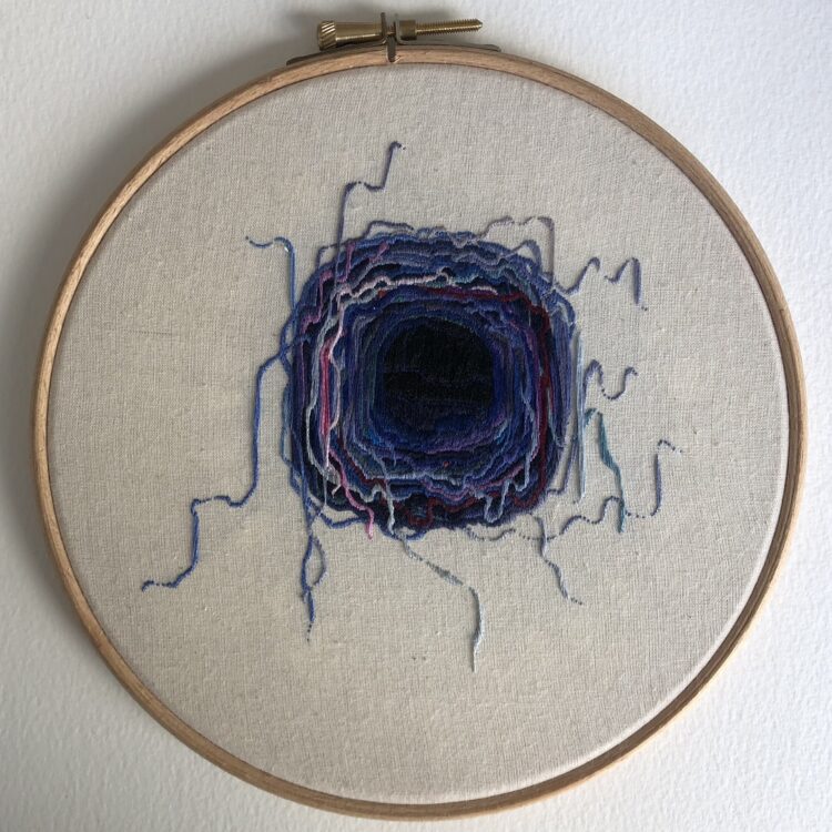 Elizabeth Griffiths, Blue Nest, 2020. 18cm x 18cm (7” x 7”). Embroidery. Fabric, embroidery thread.