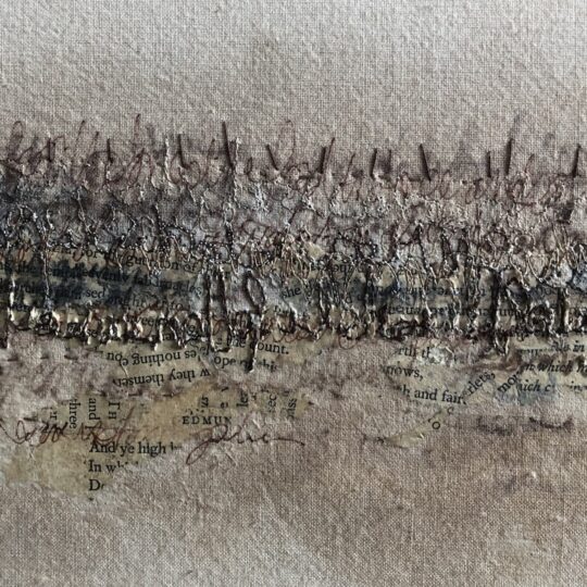 Deb Cooper, Buried Stories (detail), 2023. 50cm x 30cm (20"x 12"). Layered materials, asemic writing, free machine embroidery, hand stitch. Hand dyed fabric, paper, ink, threads.