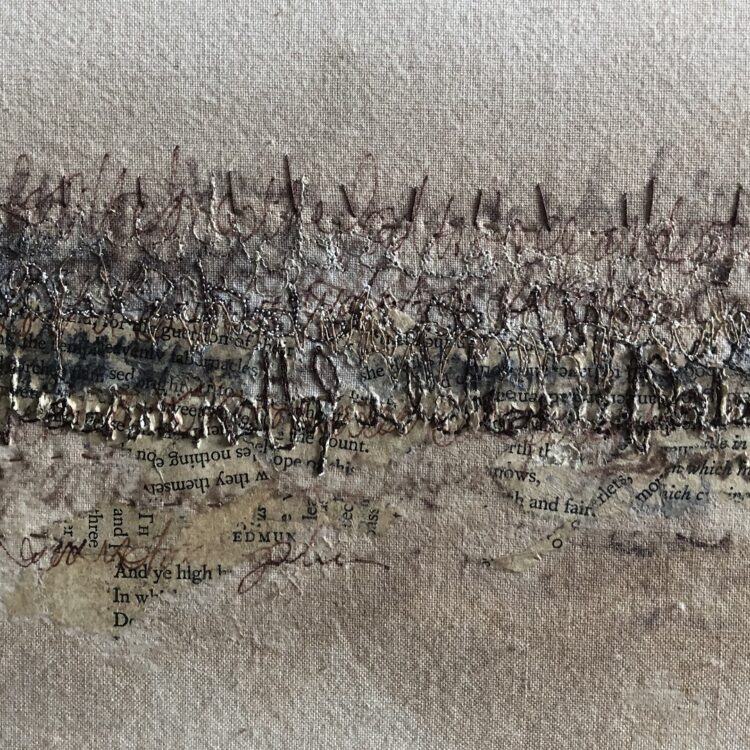 Deb Cooper, Buried Stories (detail), 2023. 50cm x 30cm (20"x 12"). Layered materials, asemic writing, free machine embroidery, hand stitch. Hand dyed fabric, paper, ink, threads.