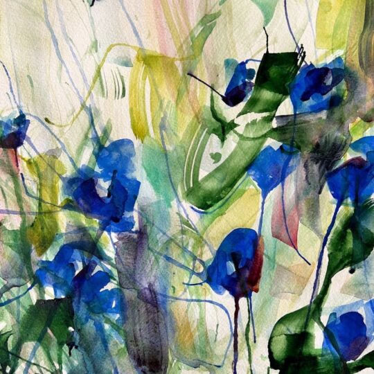 Elizabeth Griffiths, Cornflowers, 2023. 27cm x 30cm (11” x 12”). Watercolour. Paper, watercolour.