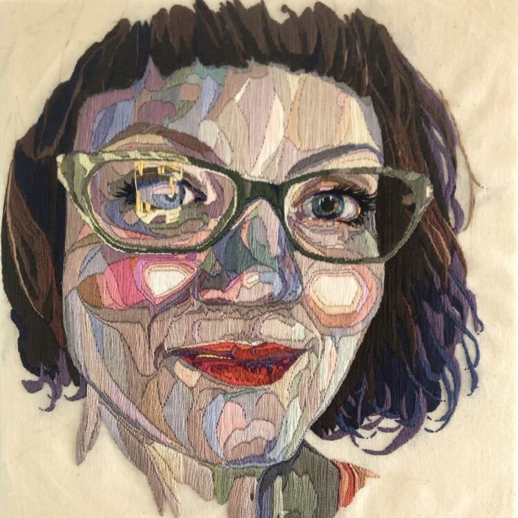 Elizabeth Griffiths, Covid Selfie, 2020. 23cm x 23cm (9” x 9”). Embroidery. Fabric, embroidery thread.