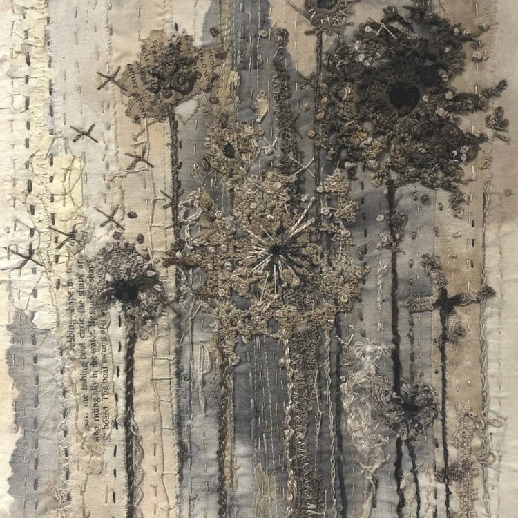 Deb Cooper, Flower Meadow (detail), 2020. 30cm x 40m (12" x 16"). Layered materials, hand stitch. Reclaimed papers, fabrics, vintage doilies, lace, threads.