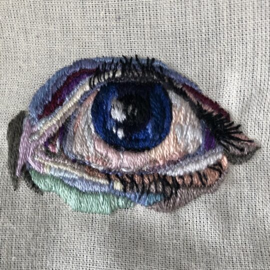 Elizabeth Griffiths, Freddie, 2019. 8cm x 8cm (3” x 3”). Embroidery. Fabric, embroidery thread.