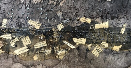 Deb Cooper, Hidden Messages (detail), 2023. 85cm x 35cm (33½" x 14"). Layered materials, free machine embroidery, asemic writing, hand stitch. Fabric, paper, ink, threads.