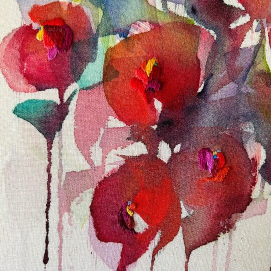 Elizabeth Griffiths, Floral Rouge (detail), 2022. 30cm x 30cm (12” x 12”). Watercolour, embroidery. Fabric, watercolour, embroidery thread.