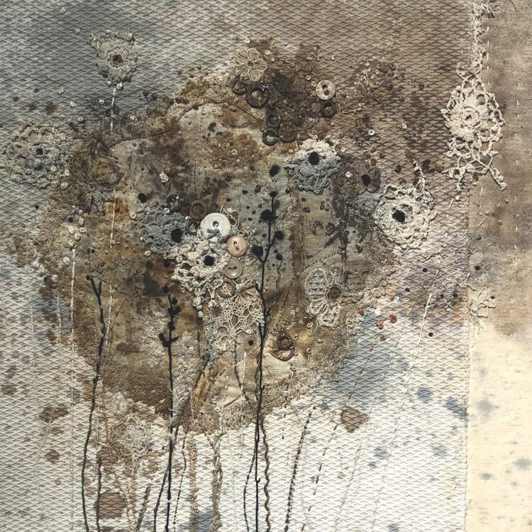 Deb Cooper, Return to the Meadow 2 (detail), 2022. 40cm x 50cm (16" x 20"). Layered fabrics hand dyed with rust and ink, hand stitch. Reclaimed textiles, threads, washers.