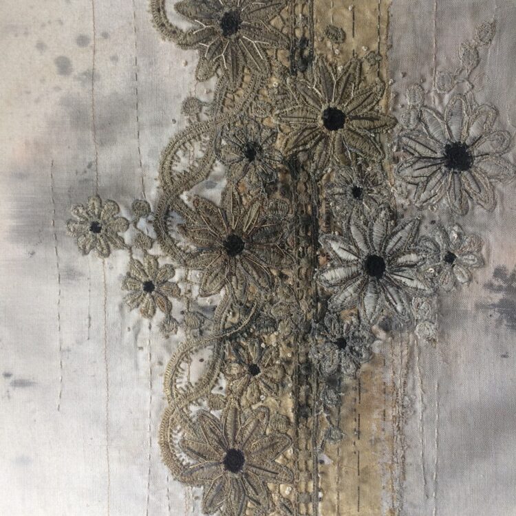 Deb Cooper, The Dressmaker's Garden (detail), 2021. 40cm x 50cm (16" x 20"). Layered materials, hand stitch. Fabric, sewing pattern tissue, vintage lace, threads.