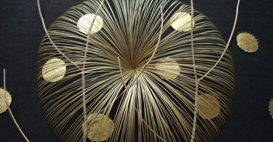 Kazuhito Takadoi, YORU (Night) detail, 2018. 51cm x 62cm (20" x 24½"). Weaving, stitching, tying. Washi, sumi ink, grass, beech twigs, gold leaf. Photo: Kazuhito Takadoi/jaggedart.