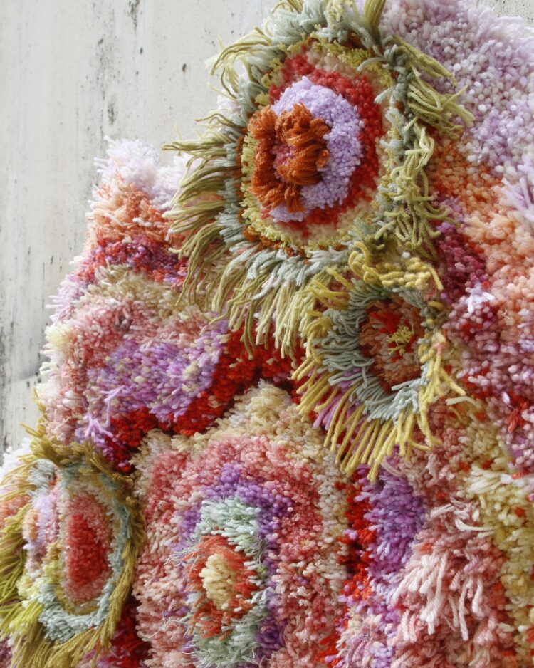 Brendan O’Shaughnessy, Colony (detail), 2021. 91cm x 91cm (36” x 36”). Latch hook. Yarn, mesh, canvas. Photo: Jenni Balliu.