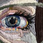 Elizabeth Griffiths, Covid Selfie (detail), 2020. 23cm x 23cm (9” x 9”). Embroidery. Fabric, embroidery thread.