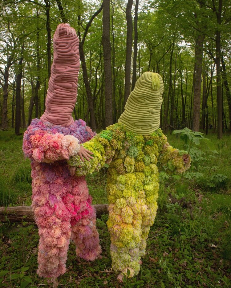 Brendan O’Shaughnessy, Fruiting Bodies, 2020. 2.4m x 91cm x 81cm (8’ x 3’ x 2’). Free-motion quilting, pom pom making. Quilted fabric, fiberfill, yarn. Photo: Claudia Bonaccorsi.