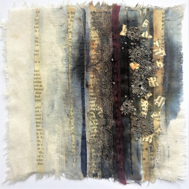 Deb Cooper, 36…..6x6…..No.18, 2020. 15cm x 15cm (6" x 6"). Layered dyed and ink stained materials, machine stitch, hand stitch. Fabric, paper, lace, threads.