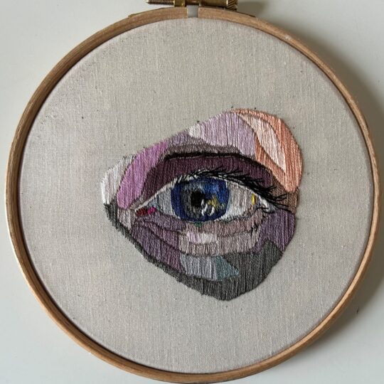 Elizabeth Griffiths, Embroidered Eye Self-Portrait, 2019. 15cm x 15cm (6” x 6”). Embroidery. Fabric, embroidery thread.