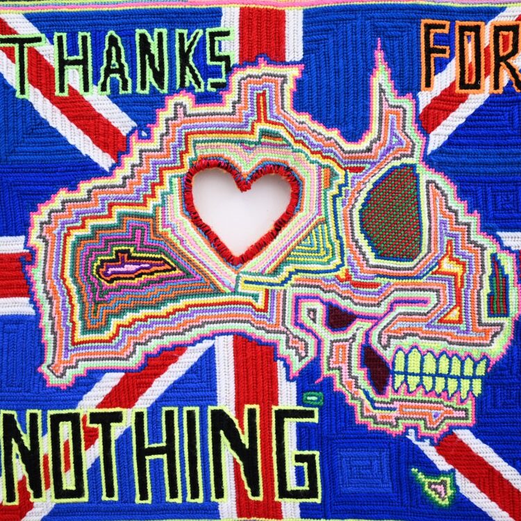 Paul Yore, Thanks for Nothing (detail), 2023. 90cm x 87cm (35" x 34"). Needlepoint, appliqué, assemblage. Wool, needlepoint, appliquéd found textile materials, sequins, buttons, beads. Frame is comprised of wood, acrylic, found objects, toys, mirror and LED. Photo: Devon Ackermann.