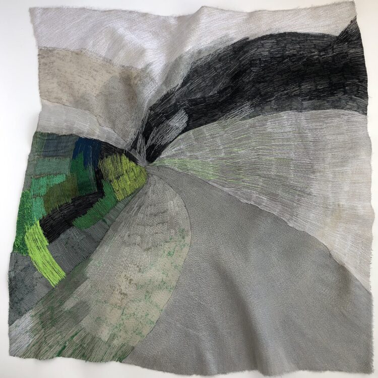 Dionne Swift, Momentum Silver Lining Fresh Growth, 2020. 110cm x 100cm (43½" x 39½"). Free machine embroidery. Various threads, wool cloth.