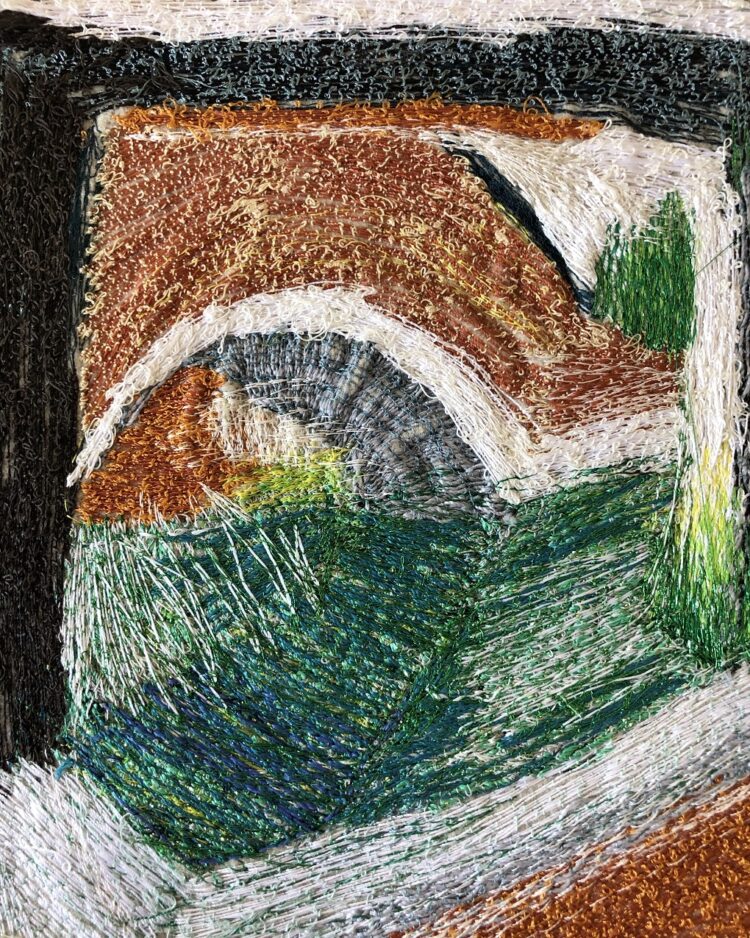 Dionne Swift, Venetian Wanderings, 2023. 20cm x 25cm (8" x 10"). Free machine embroidery. Cotton, wool, rayon threads, wool cloth.