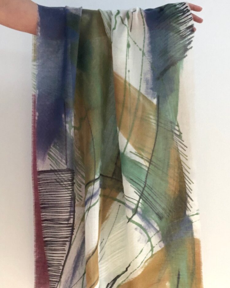 Dionne Swift, Hand painted wool scarf, 2023. 190cm x 50cm (75" x 19½"). Hand painting. Fine merino wool.