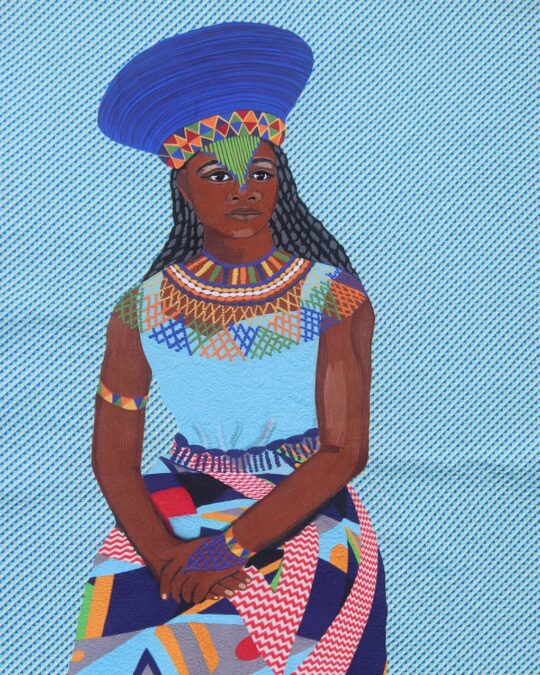 Clara Nartey, Amandla – The Empowered Woman, 2021. 180cm x 130cm (71” x 51”). Digital painting, textile design, free machine embroidery, quilting. Thread, ink, cotton.