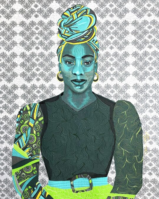 Clara Nartey, Emerald, 2022. 102cm x 76cm (40" x 30"). Digital painting, textile design, free machine embroidery, quilting. Thread, ink, cotton.