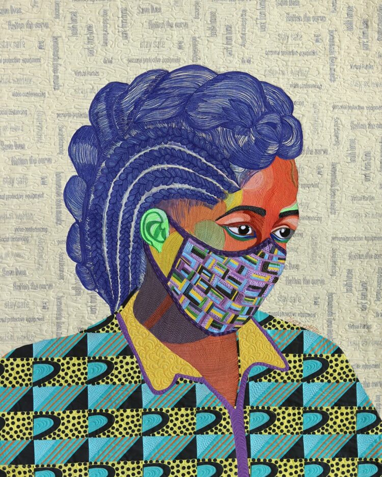 Clara Nartey, Essential Worker, 2020. 102cm x 76cm (40" x 30"). Digital painting, free machine embroidery, quilting. Thread, ink, cotton.