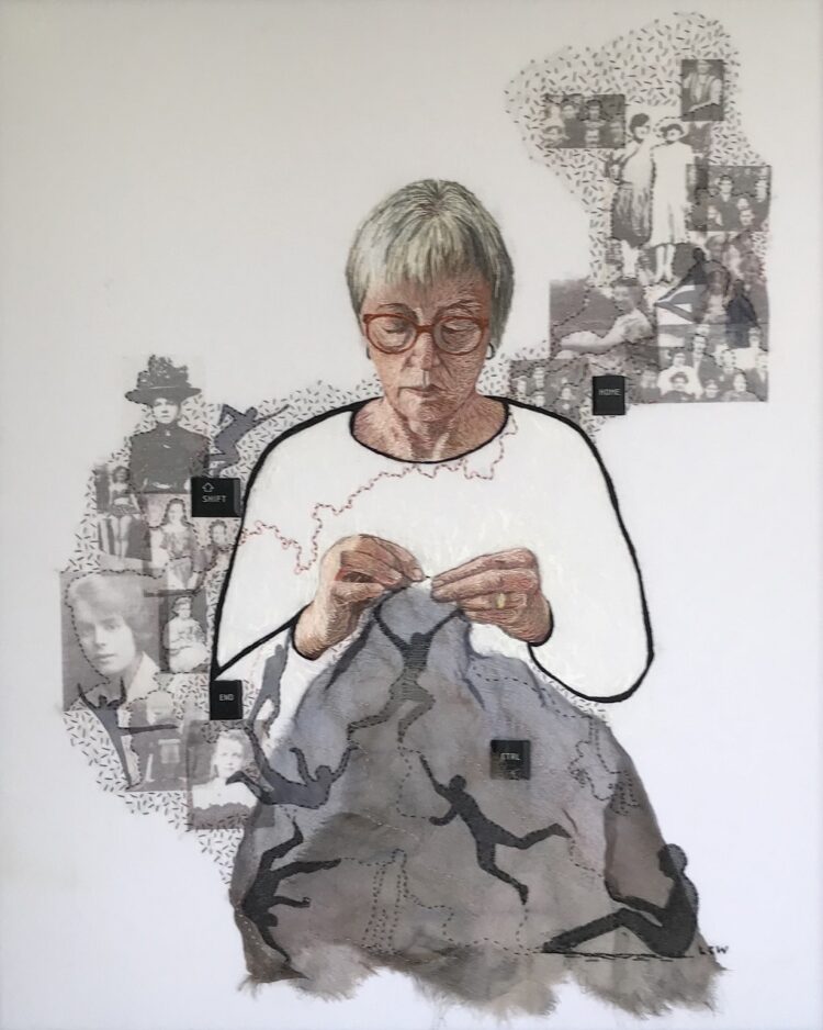 Lesley Wood, Digital Shadows of Self, (Hand & Lock Textile Open Art 1st Prize), 2021. 58cm x 48cm (23" x 19"). Hand embroidered collage. Cotton and sheer fabrics, embroidery thread, photo transfer prints, computer keyboard parts.