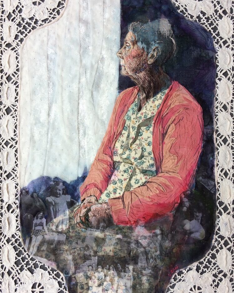 Lesley Wood, Furnished With Memories, 2019. 46cm x 36cm (18" x 14"). Hand embroidered fabric collage. Vintage tray cloth, sheer fabrics, scraps of assorted fabrics, paint, embroidery threads, family photo transfer prints.