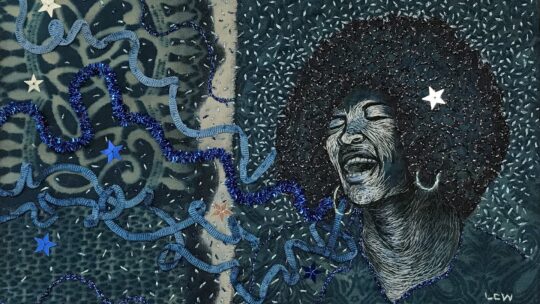 Lesley Wood, Blues Singer (Winner of the Madeira Threads Competition – Mostly Hand Embroidery Category), 2023. 35cm x 45 cm (14" x 17½"). Hand embroidered fabric collage. Cyanotype fabrics, Madeira embroidery and metallic threads, ribbons, pipe cleaners, sequins.