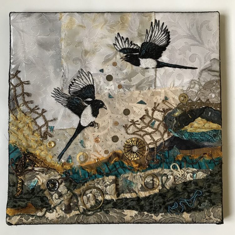 Lesley Wood, Stash Joy (winner of The Embroiderers’ Guild Margaret Nicholson Award for Composition), 2023. 30cm x 30cm (12" x 12"). Hand embroidered mixed media collage. Hand dyed brocade, scraps of assorted fabrics, ribbons, trims, beads, sequins, buttons, press studs, safety pins, wire, embroidery threads.