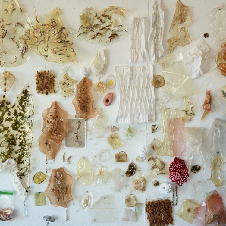 A collection of rudimentary material tests and failed Aphrodisiacs that clutter Brendan O’Shaughnessy's studio wall. Photo: William Toney.