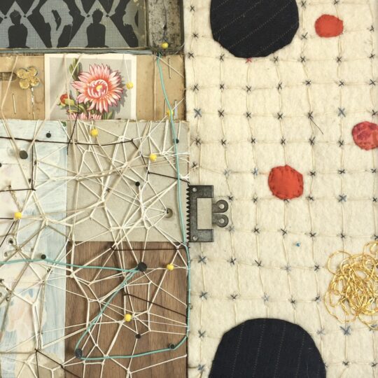 Louise Baldwin, Temporary Condition (detail), 2021. Each piece is 10cm x 10cm (4" x 4"). Improvised hand stitch, staples, binding, assemblage. Wool felt, wire, pegs, beads, salvaged fabric, wood, metal old book covers.