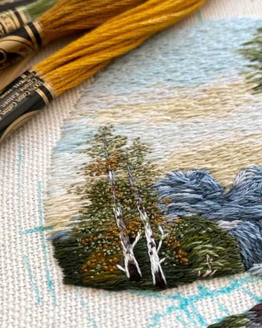 Cassandra Dias, Almon Waterfall (work in progress), 2022. 9cm (3.5"). Thread painting. Cotton embroidery thread, canvas, bamboo hoop.