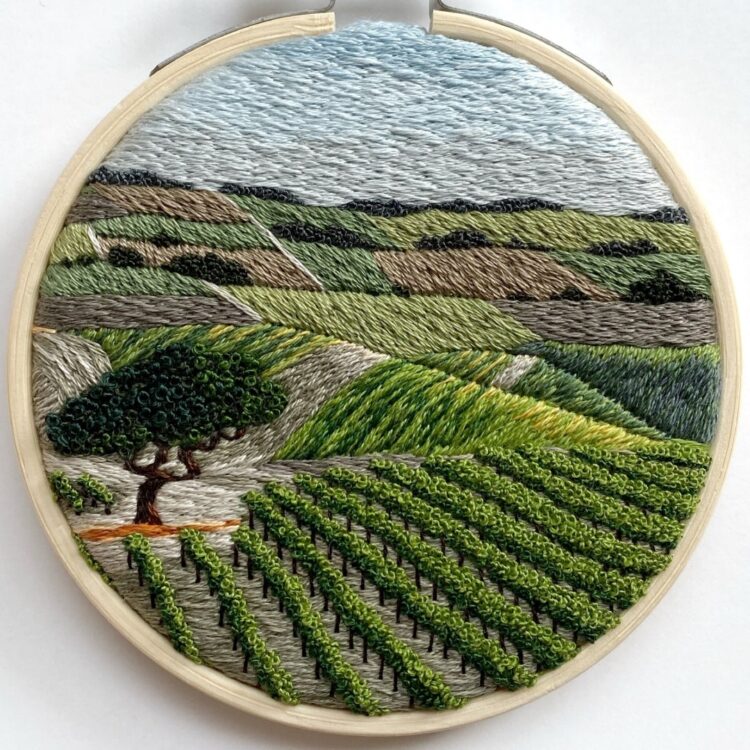 Cassandra Dias, California Vineyard, 2021. 9cm (3.5"). Thread painting. Cotton embroidery thread, canvas, bamboo hoop.