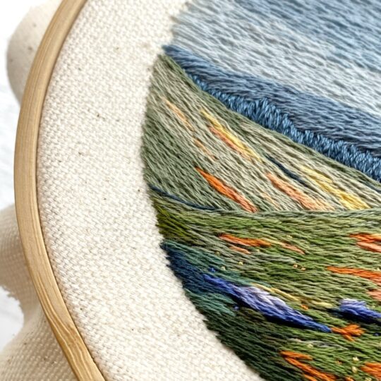 Cassandra Dias, First Workshop (detail), 2023. 9cm (3.5"). Thread painting. Cotton embroidery thread, canvas, bamboo hoop.