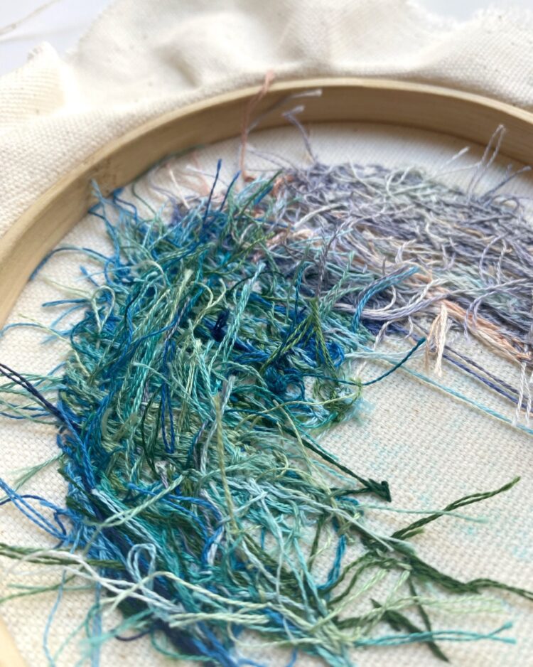 Cassandra Dias, Rocks at Malibu – Daphne Huntington Repro (detail), 2022.  9cm (3.5"). Thread painting. Cotton embroidery thread, canvas.