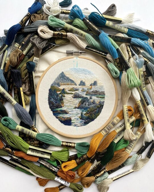 Cassandra Dias, Rocky Coast with Sailboat, 2021. 9cm (3.5"). Thread painting. Cotton embroidery thread, canvas.