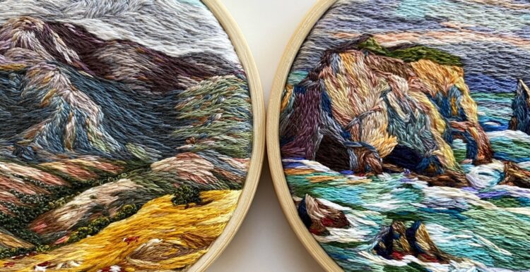 Cassandra Dias, San Geronimo Hills, 2021, and Rocks at Malibu, 2022 (details). 9cm (3.5") each. Thread paintings. Cotton embroidery thread, canvas, bamboo hoops.