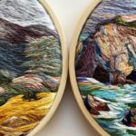 Cassandra Dias, San Geronimo Hills, 2021, and Rocks at Malibu, 2022 (details). 9cm (3.5") each. Thread paintings. Cotton embroidery thread, canvas, bamboo hoops.