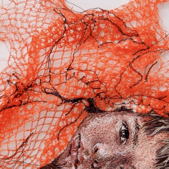 Melissa Emerson, I Know Your Face (detail), 2022. 23cm x 25cm (9" x 10"). Hand embroidery. Fruit netting, sewing machine threads.