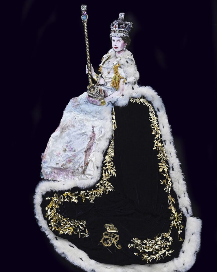 Stacey Chapman, 1953 Coronation of Queen Elizabeth II, 2023. 1.4m x 1.5m (4'5" x 5'). Hand stitch, machine embroidery, and appliqué. Upcycled fabrics, threads, feathers, metal packaging, clingfilm plastic wrap, computer parts, jewels, hair. Photo: ICHF.