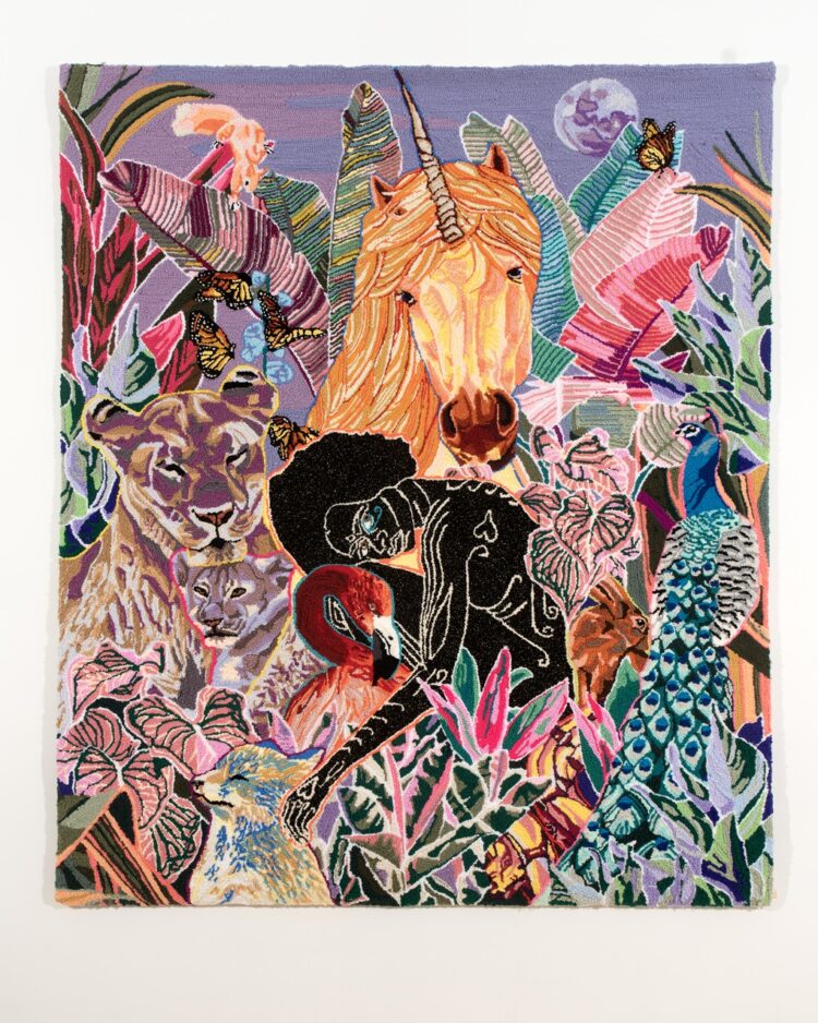 Simone Elizabeth Saunders, Harmony Sings at Dusk (Unicorn series), 2023. 168cm x 142cm (66" x 56"). Hand tufting. Acrylic, cotton, metallic yarn on cotton rug warp.