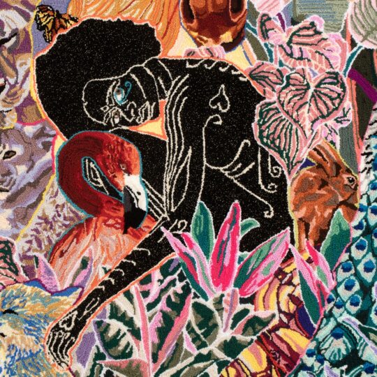 Simone Elizabeth Saunders, Harmony Sings at Dusk (Unicorn series) (detail), 2023. 168cm x 142cm (66" x 56"). Hand tufting. Acrylic, cotton, metallic yarn on cotton rug warp.