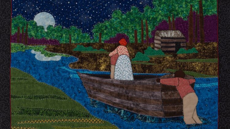 Stephen Towns, Wade in the Water, from A Songbook Remembered collection, 2020. 99cm x 117cm (39" x 46"). Quilting. Natural and synthetic fabric, polyester and cotton thread, crystal glass beads.