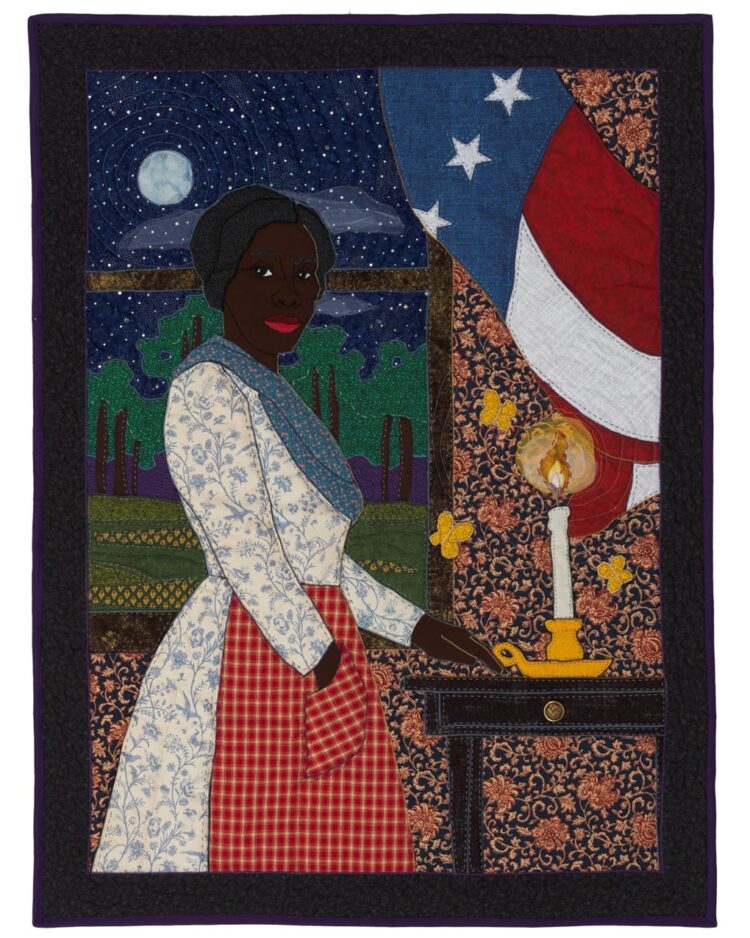 Stephen Towns, Burn the House Down, 2020. 94cm x 125cm (37" x 49"). Quilting. Natural and synthetic fabric, nylon tulle, polyester and cotton thread, metallic thread, crystal glass beads, buttons. From the Harriet Tubman collection.