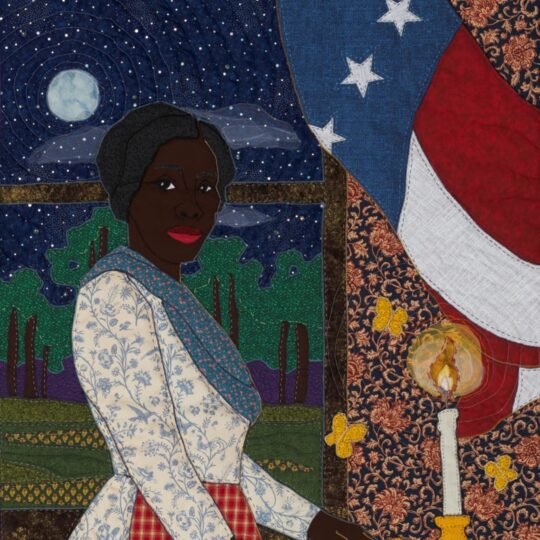 Stephen Towns, Burn the House Down (detail), from the Harriet Tubman collection, 2020. 94cm x 125cm (37" x 49"). Quilting. Natural and synthetic fabric, nylon tulle, polyester and cotton thread, metallic thread, crystal glass beads, buttons